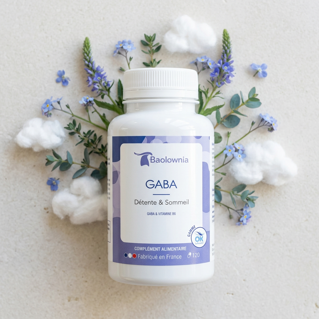 flacon GABA mise en scène cat detente et sommeil baolownia complement alimentaire GABA Baolownia detente et sommeil - mise en scene