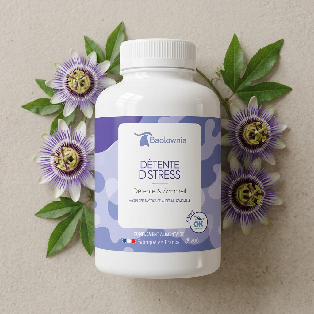 détente dstress flacon mise en scène complement alimentaire baolownia