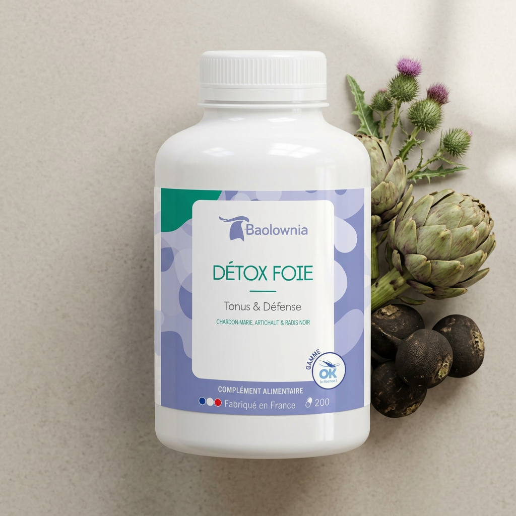 mise en scène flacon détox foie complement alimentaire baolownia